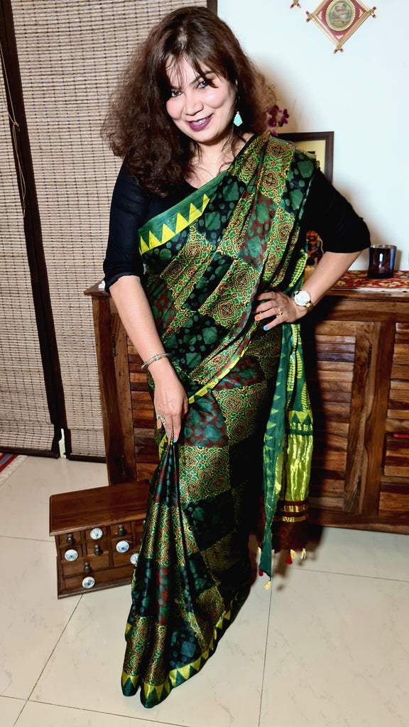 Zynah Pure Modal Silk Ajrakh Saree with Handblock Prints; Custom Stitched/Ready-made Blouse, Fall, Petticoat; Shipping available USA, Worldwide