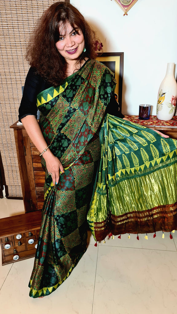 Zynah Pure Modal Silk Ajrakh Saree with Handblock Prints; Custom Stitched/Ready-made Blouse, Fall, Petticoat; Shipping available USA, Worldwide