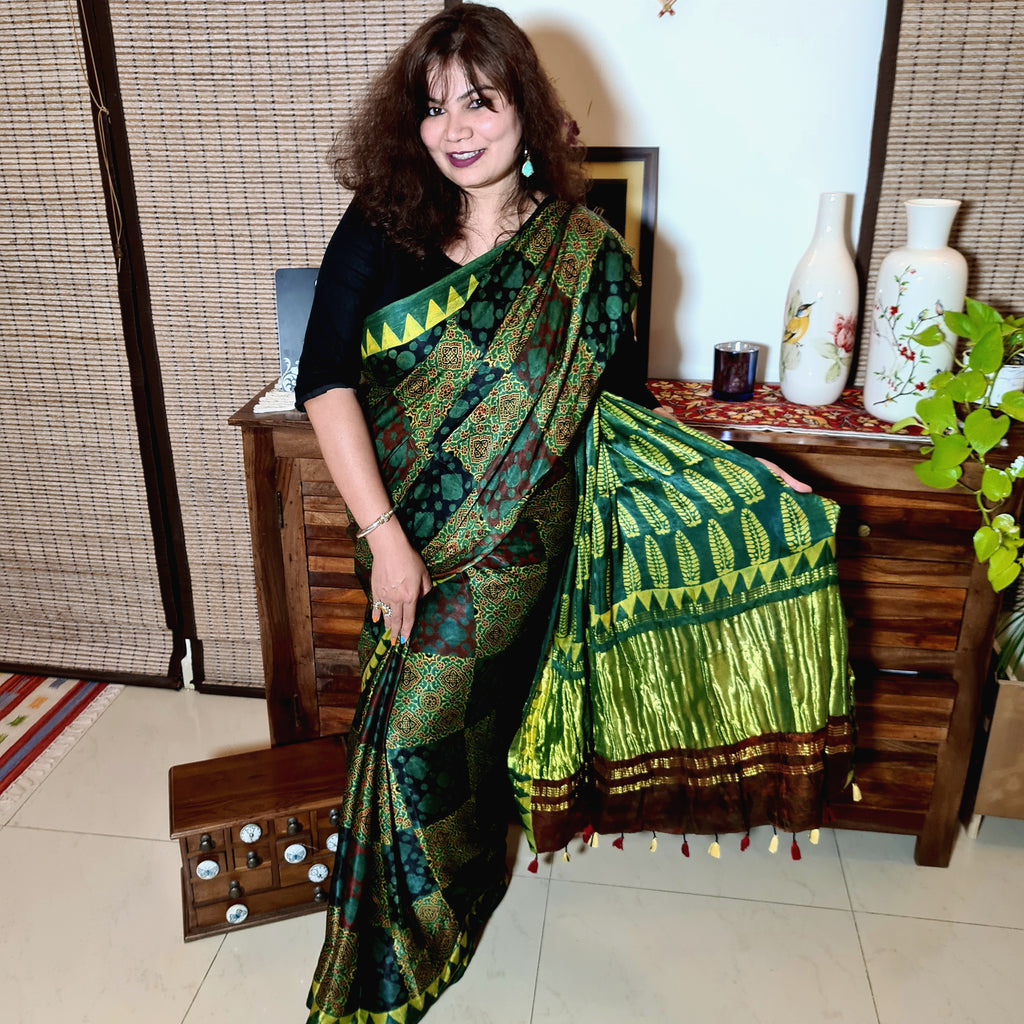 Zynah Pure Modal Silk Ajrakh Saree with Handblock Prints; Custom Stitched/Ready-made Blouse, Fall, Petticoat; Shipping available USA, Worldwide