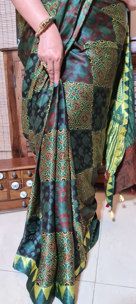 Zynah Pure Modal Silk Ajrakh Saree with Handblock Prints; Custom Stitched/Ready-made Blouse, Fall, Petticoat; Shipping available USA, Worldwide