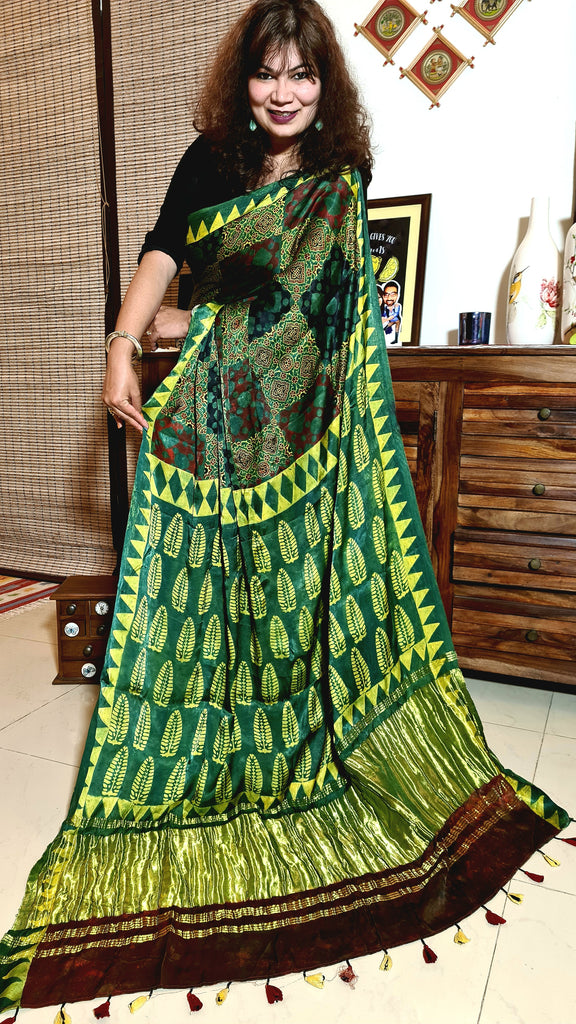Zynah Pure Modal Silk Ajrakh Saree with Handblock Prints; Custom Stitched/Ready-made Blouse, Fall, Petticoat; Shipping available USA, Worldwide