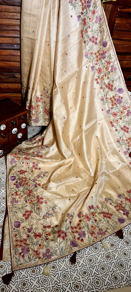 Zynah Pure Tussar Silk Embroidered Saree with Pure Satin Silk Bandhani Blouse; Custom Stitched/Ready-made Blouse, Fall, Petticoat; Shipping available USA, Worldwide