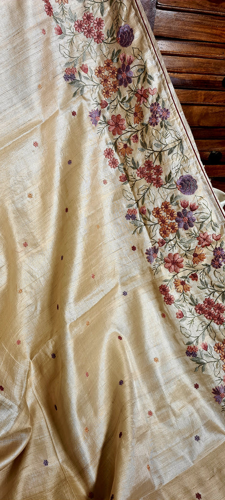 Zynah Pure Tussar Silk Embroidered Saree with Pure Satin Silk Bandhani Blouse; Custom Stitched/Ready-made Blouse, Fall, Petticoat; Shipping available USA, Worldwide