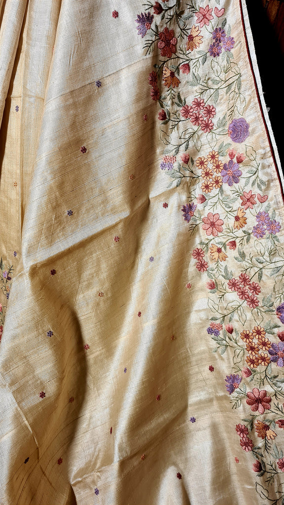 Zynah Pure Tussar Silk Embroidered Saree with Pure Satin Silk Bandhani Blouse; Custom Stitched/Ready-made Blouse, Fall, Petticoat; Shipping available USA, Worldwide