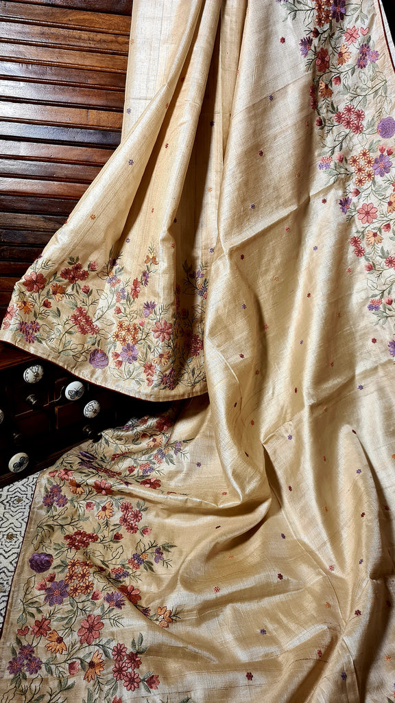 Zynah Pure Tussar Silk Embroidered Saree with Pure Satin Silk Bandhani Blouse; Custom Stitched/Ready-made Blouse, Fall, Petticoat; Shipping available USA, Worldwide