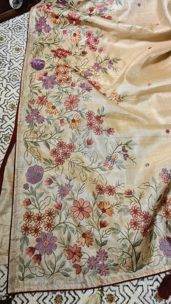 Zynah Pure Tussar Silk Embroidered Saree with Pure Satin Silk Bandhani Blouse; Custom Stitched/Ready-made Blouse, Fall, Petticoat; Shipping available USA, Worldwide