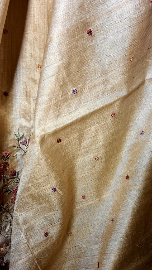 Zynah Pure Tussar Silk Embroidered Saree with Pure Satin Silk Bandhani Blouse; Custom Stitched/Ready-made Blouse, Fall, Petticoat; Shipping available USA, Worldwide