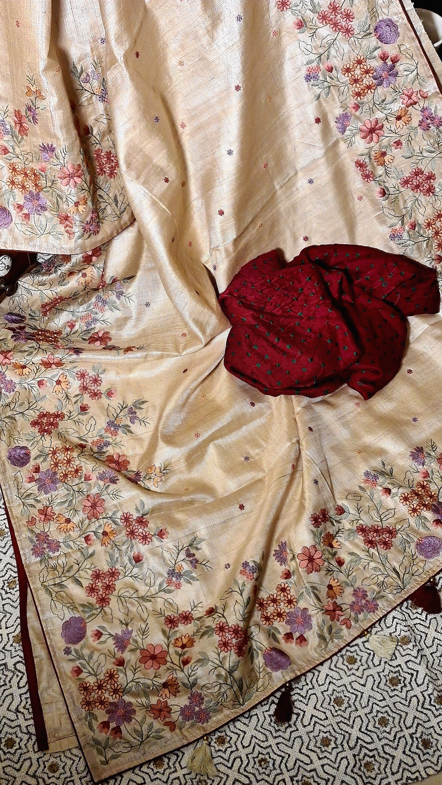 Zynah Pure Tussar Silk Embroidered Saree with Pure Satin Silk Bandhani Blouse; Custom Stitched/Ready-made Blouse, Fall, Petticoat; Shipping available USA, Worldwide