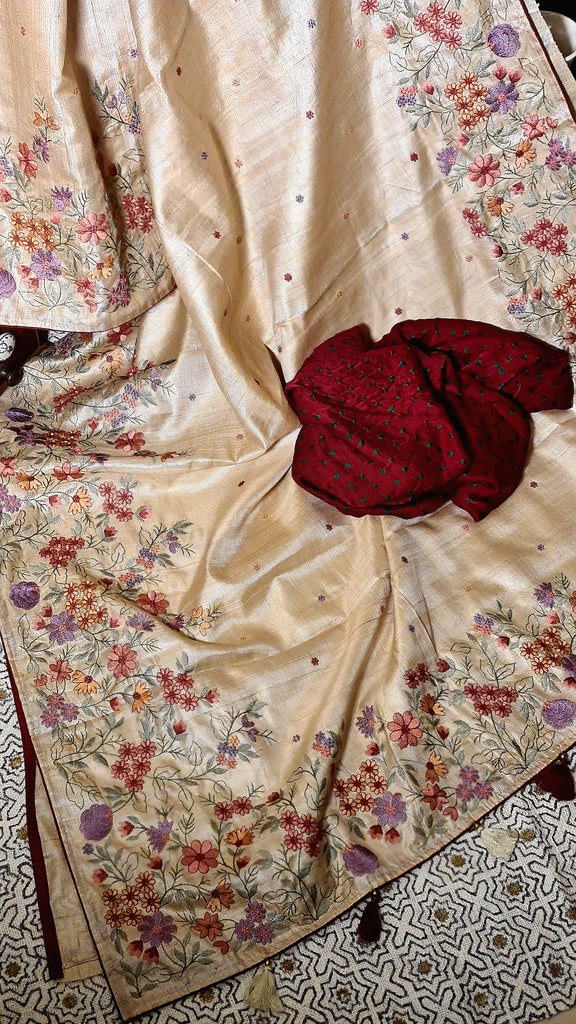 Zynah Pure Tussar Silk Embroidered Saree with Pure Satin Silk Bandhani Blouse; Custom Stitched/Ready-made Blouse, Fall, Petticoat; Shipping available USA, Worldwide