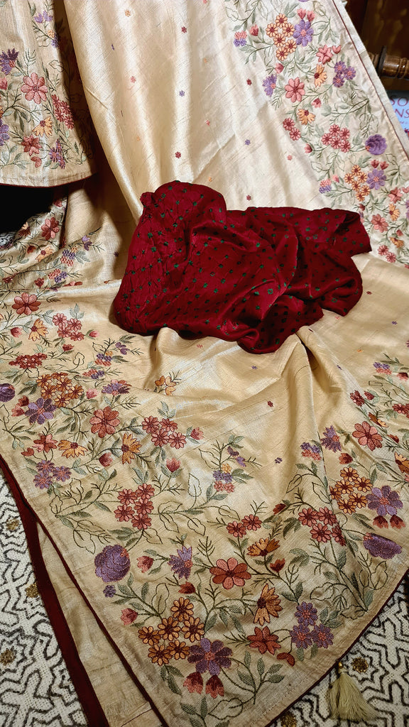 Zynah Pure Tussar Silk Embroidered Saree with Pure Satin Silk Bandhani Blouse; Custom Stitched/Ready-made Blouse, Fall, Petticoat; Shipping available USA, Worldwide