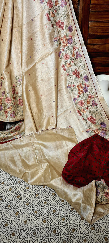Zynah Pure Tussar Silk Embroidered Saree with Pure Satin Silk Bandhani Blouse; Custom Stitched/Ready-made Blouse, Fall, Petticoat; Shipping available USA, Worldwide