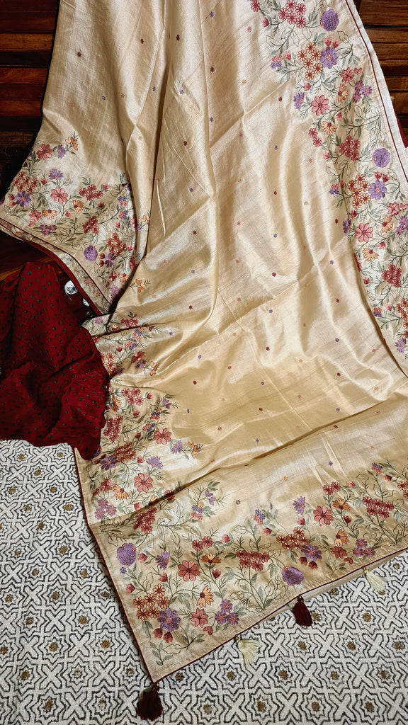 Zynah Pure Tussar Silk Embroidered Saree with Pure Satin Silk Bandhani Blouse; Custom Stitched/Ready-made Blouse, Fall, Petticoat; Shipping available USA, Worldwide