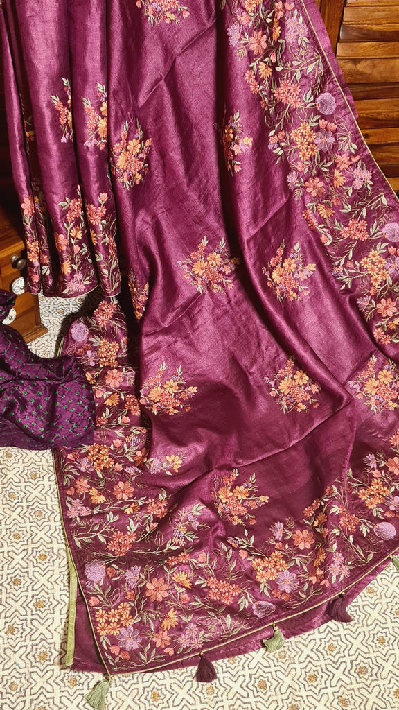 Zynah Pure Tussar Silk Embroidered Saree with Pure Satin Silk Bandhani Blouse; Custom Stitched/Ready-made Blouse, Fall, Petticoat; Shipping available USA, Worldwide