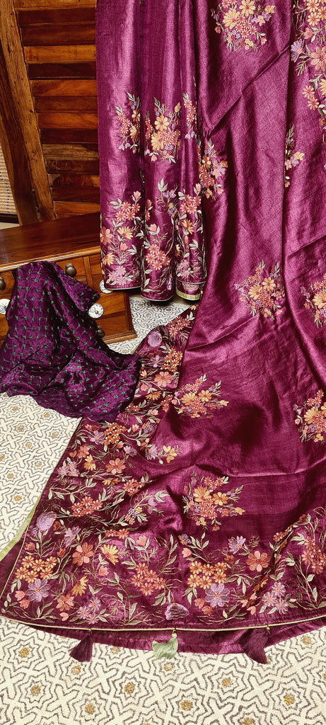 Zynah Pure Tussar Silk Embroidered Saree with Pure Satin Silk Bandhani Blouse; Custom Stitched/Ready-made Blouse, Fall, Petticoat; Shipping available USA, Worldwide