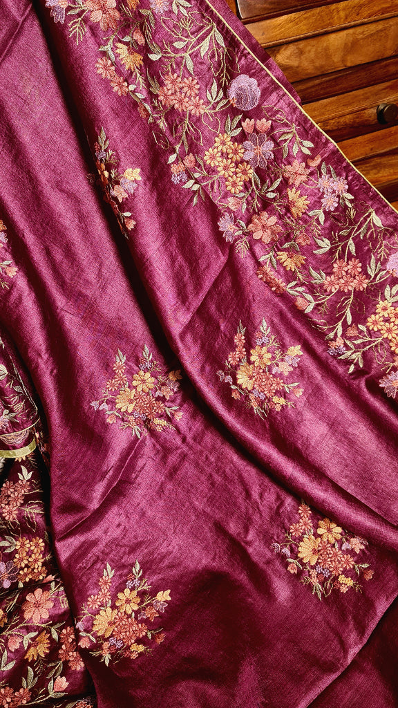 Zynah Pure Tussar Silk Embroidered Saree with Pure Satin Silk Bandhani Blouse; Custom Stitched/Ready-made Blouse, Fall, Petticoat; Shipping available USA, Worldwide