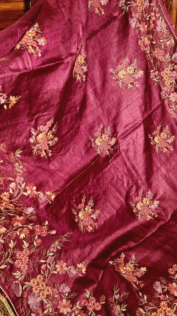 Zynah Pure Tussar Silk Embroidered Saree with Pure Satin Silk Bandhani Blouse; Custom Stitched/Ready-made Blouse, Fall, Petticoat; Shipping available USA, Worldwide