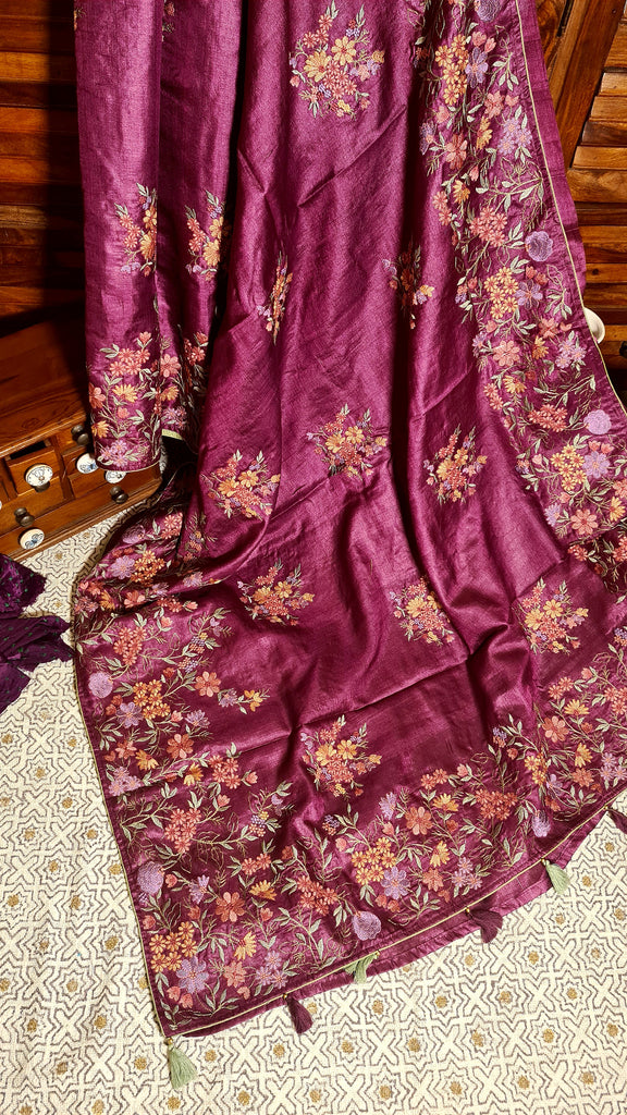 Zynah Pure Tussar Silk Embroidered Saree with Pure Satin Silk Bandhani Blouse; Custom Stitched/Ready-made Blouse, Fall, Petticoat; Shipping available USA, Worldwide