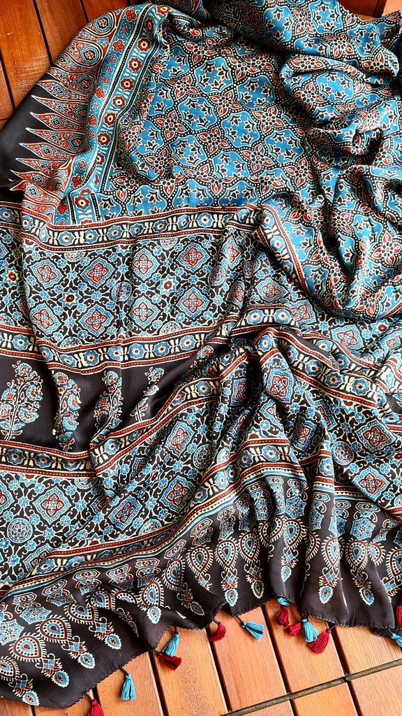 Zynah Pure Modal Silk Ajrakh Saree with Handblock Prints; Custom Stitched/Ready-made Blouse, Fall, Petticoat; Shipping available USA, Worldwide