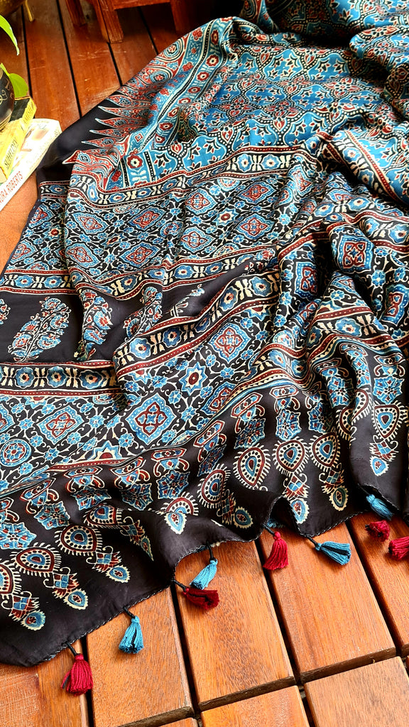 Zynah Pure Modal Silk Ajrakh Saree with Handblock Prints; Custom Stitched/Ready-made Blouse, Fall, Petticoat; Shipping available USA, Worldwide
