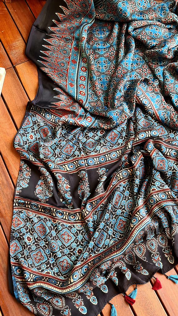 Zynah Pure Modal Silk Ajrakh Saree with Handblock Prints; Custom Stitched/Ready-made Blouse, Fall, Petticoat; Shipping available USA, Worldwide