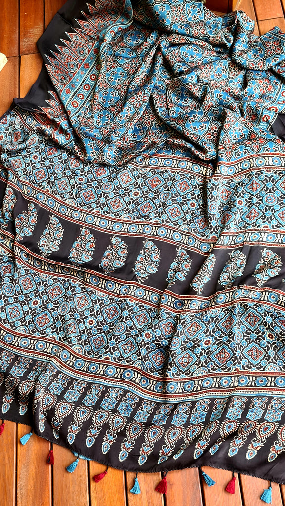 Zynah Pure Modal Silk Ajrakh Saree with Handblock Prints; Custom Stitched/Ready-made Blouse, Fall, Petticoat; Shipping available USA, Worldwide