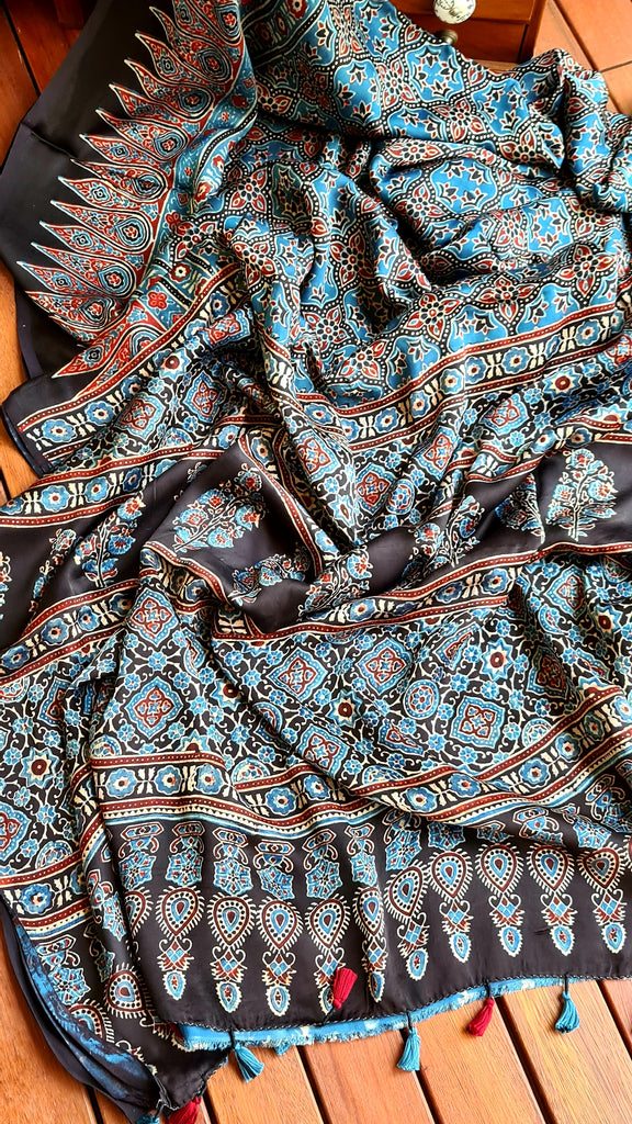 Zynah Pure Modal Silk Ajrakh Saree with Handblock Prints; Custom Stitched/Ready-made Blouse, Fall, Petticoat; Shipping available USA, Worldwide