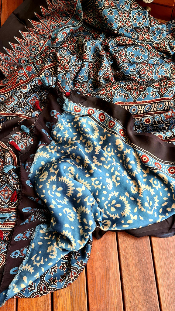 Zynah Pure Modal Silk Ajrakh Saree with Handblock Prints; Custom Stitched/Ready-made Blouse, Fall, Petticoat; Shipping available USA, Worldwide