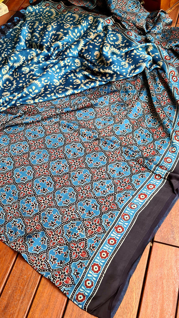 Zynah Pure Modal Silk Ajrakh Saree with Handblock Prints; Custom Stitched/Ready-made Blouse, Fall, Petticoat; Shipping available USA, Worldwide