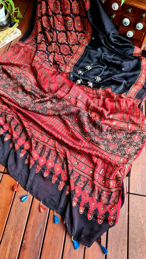 Zynah Pure Modal Silk Ajrakh Saree with Handblock Prints & Mukaish Hand-work; Custom Stitched/Ready-made Blouse, Fall, Petticoat; Shipping available USA, Worldwide