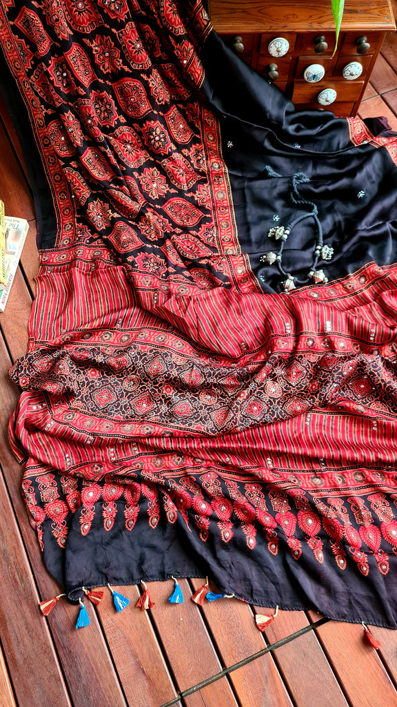 Zynah Pure Modal Silk Ajrakh Saree with Handblock Prints & Mukaish Hand-work; Custom Stitched/Ready-made Blouse, Fall, Petticoat; Shipping available USA, Worldwide