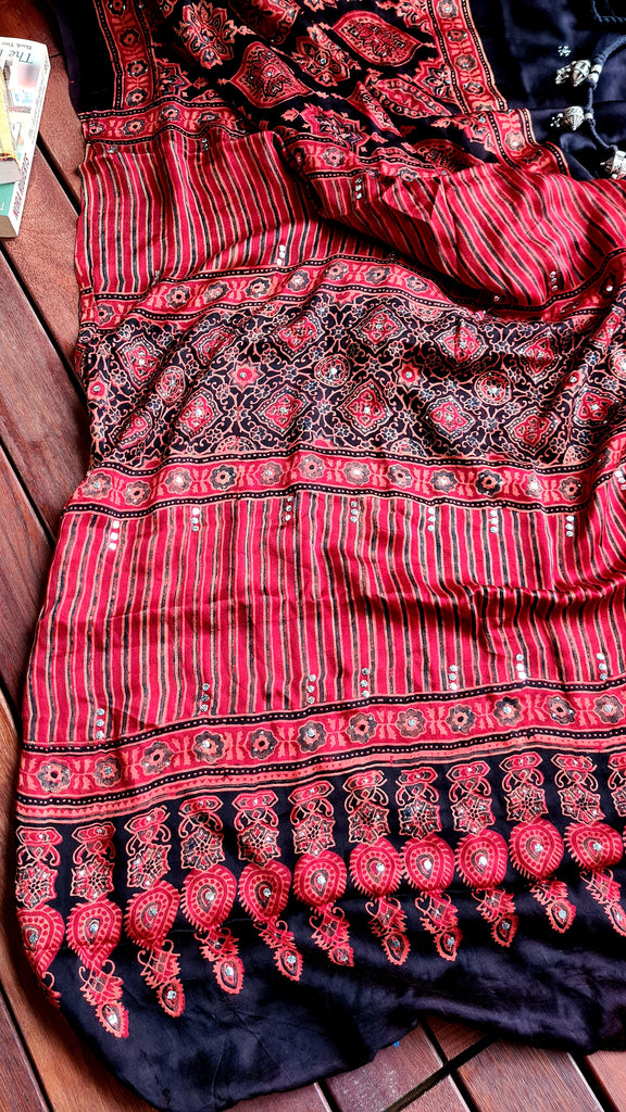 Zynah Pure Modal Silk Ajrakh Saree with Handblock Prints & Mukaish Hand-work; Custom Stitched/Ready-made Blouse, Fall, Petticoat; Shipping available USA, Worldwide