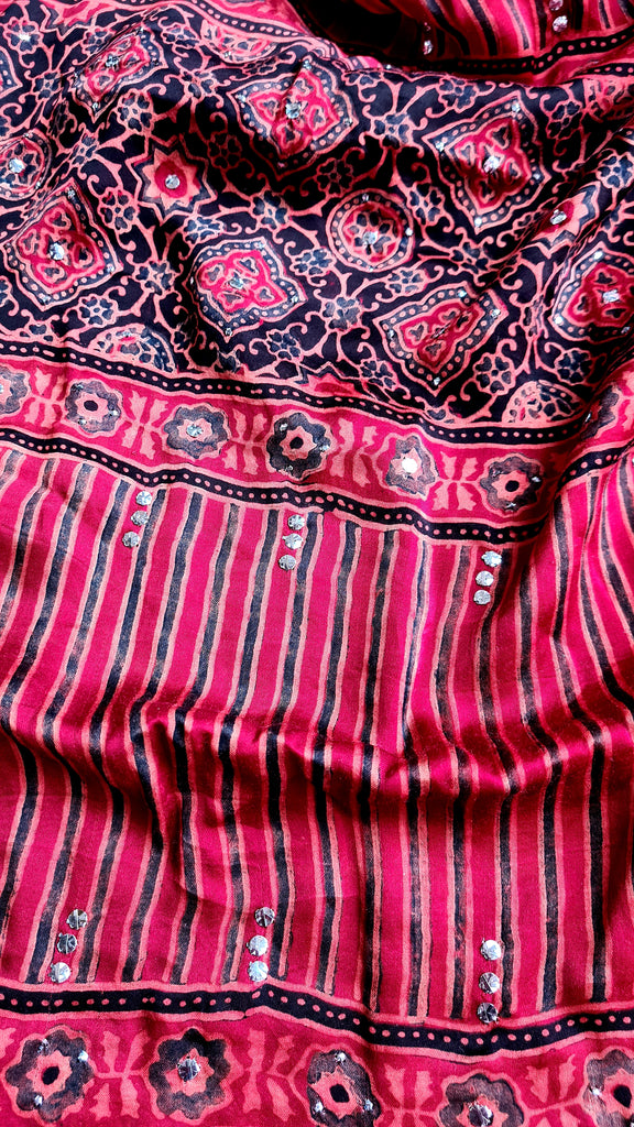 Zynah Pure Modal Silk Ajrakh Saree with Handblock Prints & Mukaish Hand-work; Custom Stitched/Ready-made Blouse, Fall, Petticoat; Shipping available USA, Worldwide