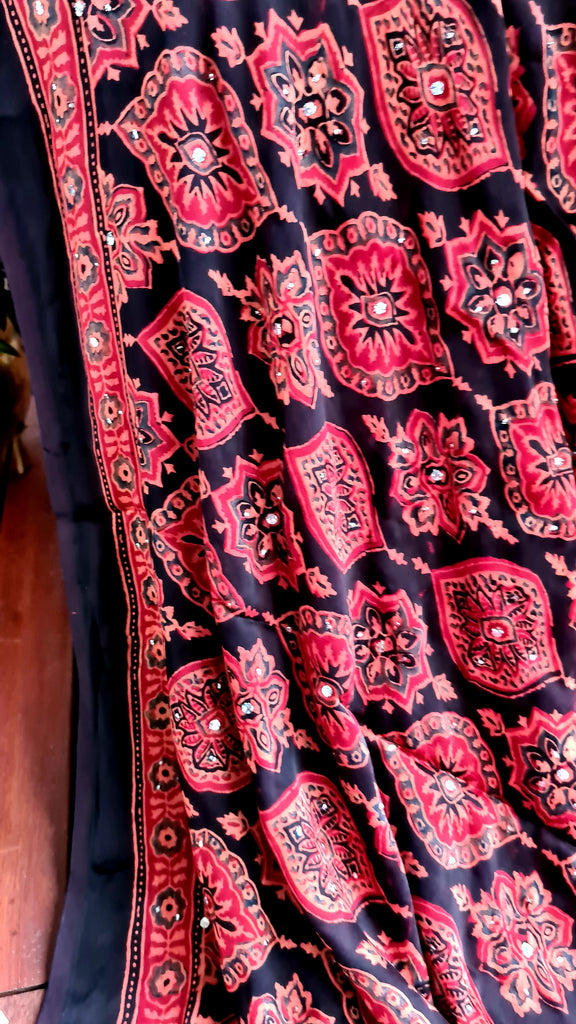 Zynah Pure Modal Silk Ajrakh Saree with Handblock Prints & Mukaish Hand-work; Custom Stitched/Ready-made Blouse, Fall, Petticoat; Shipping available USA, Worldwide