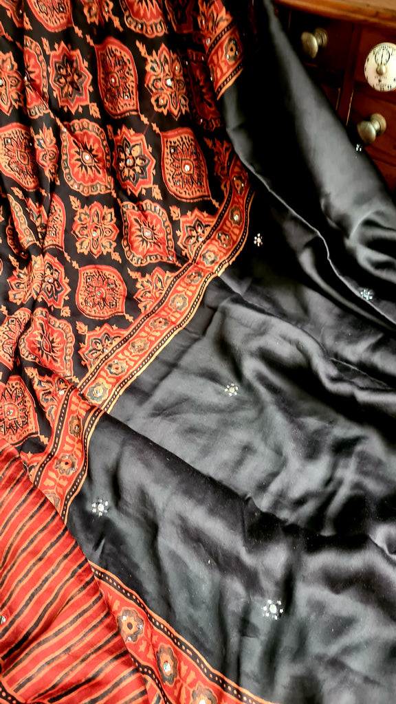Zynah Pure Modal Silk Ajrakh Saree with Handblock Prints & Mukaish Hand-work; Custom Stitched/Ready-made Blouse, Fall, Petticoat; Shipping available USA, Worldwide