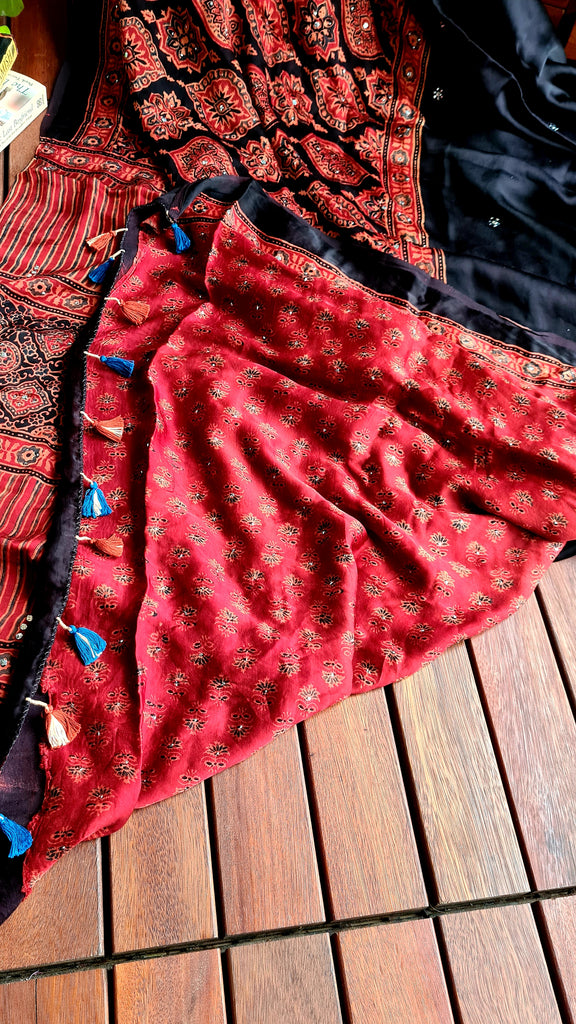 Zynah Pure Modal Silk Ajrakh Saree with Handblock Prints & Mukaish Hand-work; Custom Stitched/Ready-made Blouse, Fall, Petticoat; Shipping available USA, Worldwide