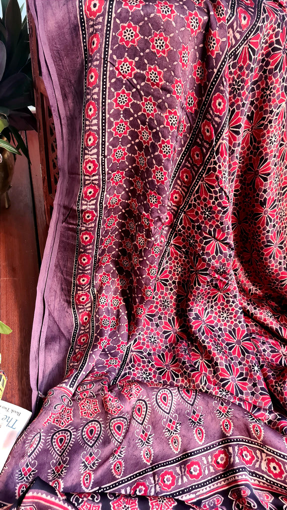 Zynah Pure Modal Silk Ajrakh Saree with Handblock Prints; Custom Stitched/Ready-made Blouse, Fall, Petticoat; Shipping available USA, Worldwide