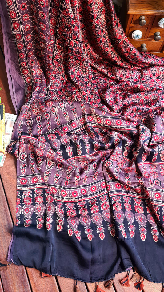 Zynah Pure Modal Silk Ajrakh Saree with Handblock Prints; Custom Stitched/Ready-made Blouse, Fall, Petticoat; Shipping available USA, Worldwide