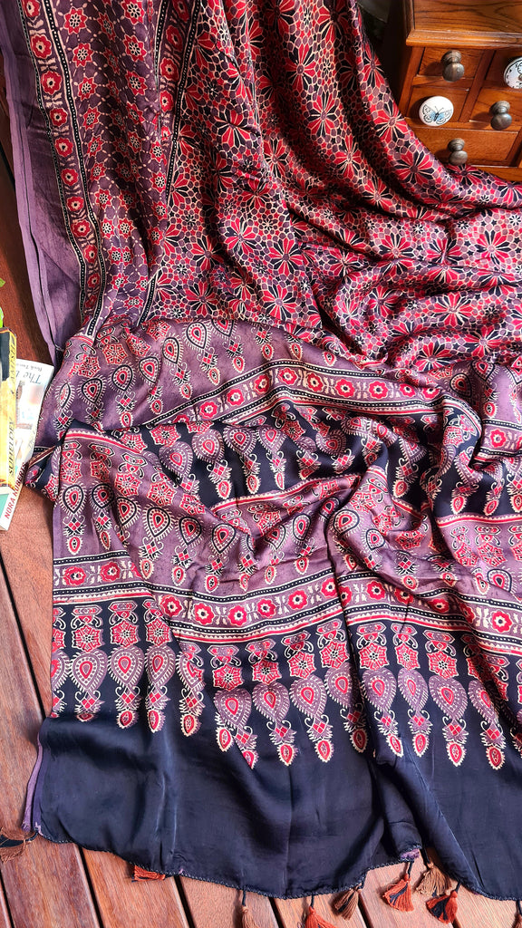 Zynah Pure Modal Silk Ajrakh Saree with Handblock Prints; Custom Stitched/Ready-made Blouse, Fall, Petticoat; Shipping available USA, Worldwide