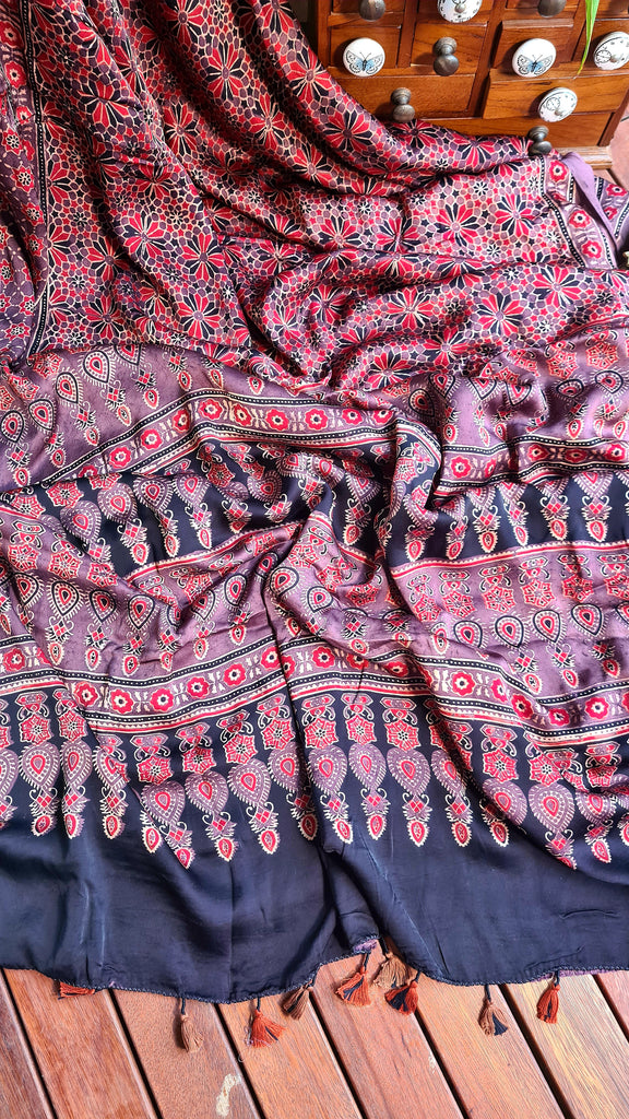 Zynah Pure Modal Silk Ajrakh Saree with Handblock Prints; Custom Stitched/Ready-made Blouse, Fall, Petticoat; Shipping available USA, Worldwide