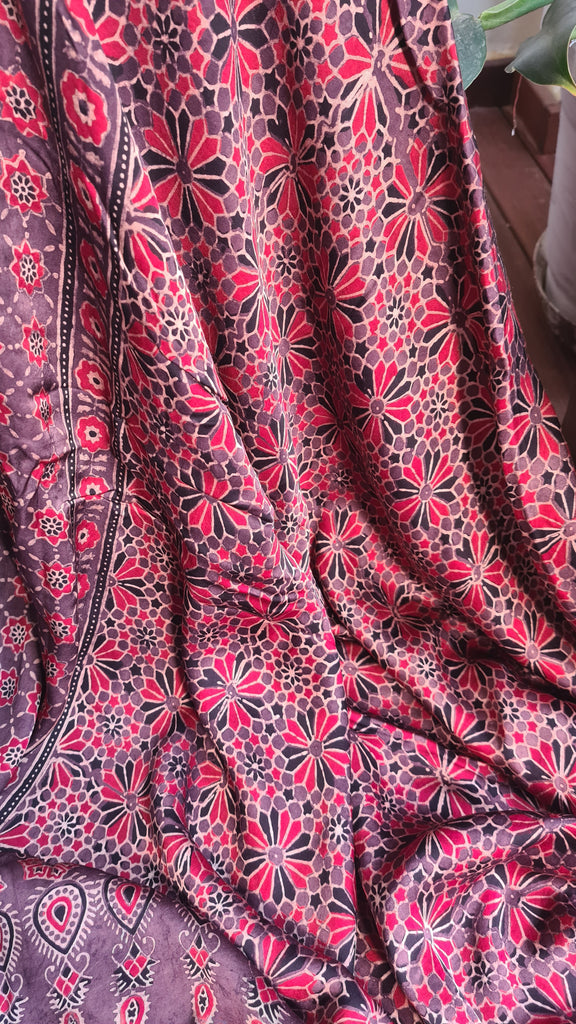 Zynah Pure Modal Silk Ajrakh Saree with Handblock Prints; Custom Stitched/Ready-made Blouse, Fall, Petticoat; Shipping available USA, Worldwide