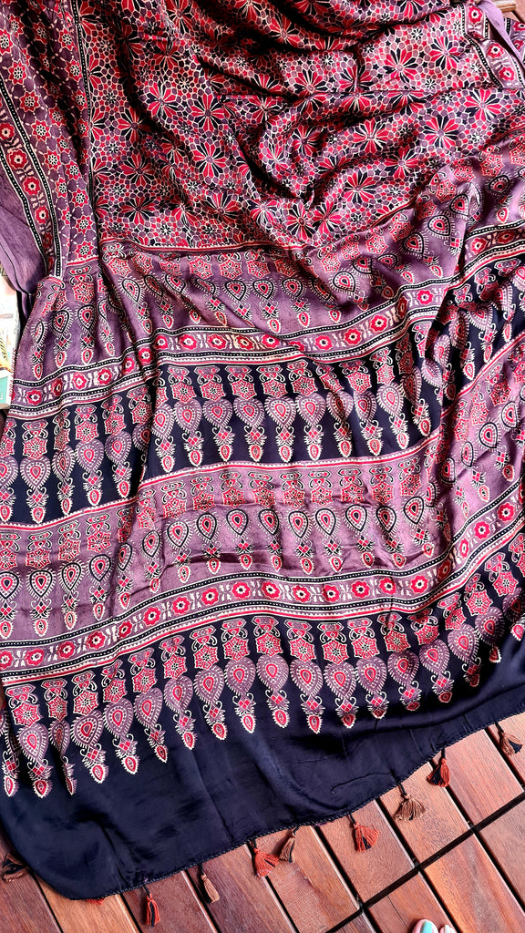Zynah Pure Modal Silk Ajrakh Saree with Handblock Prints; Custom Stitched/Ready-made Blouse, Fall, Petticoat; Shipping available USA, Worldwide