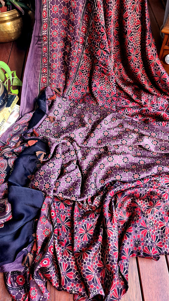 Zynah Pure Modal Silk Ajrakh Saree with Handblock Prints; Custom Stitched/Ready-made Blouse, Fall, Petticoat; Shipping available USA, Worldwide