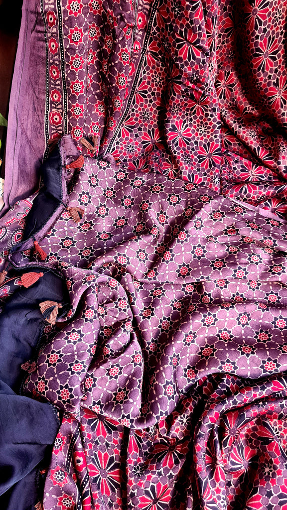 Zynah Pure Modal Silk Ajrakh Saree with Handblock Prints; Custom Stitched/Ready-made Blouse, Fall, Petticoat; Shipping available USA, Worldwide