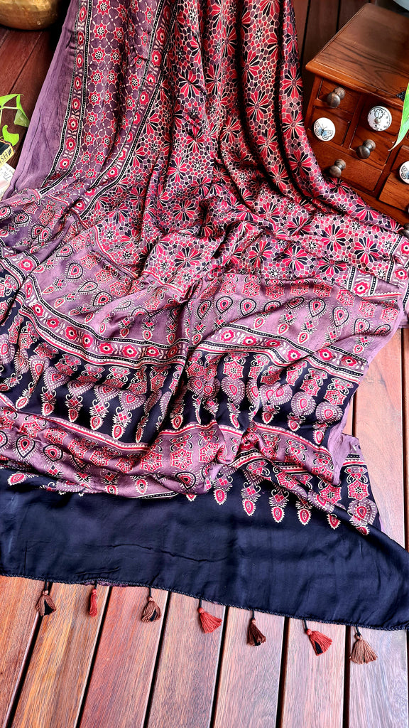 Zynah Pure Modal Silk Ajrakh Saree with Handblock Prints; Custom Stitched/Ready-made Blouse, Fall, Petticoat; Shipping available USA, Worldwide