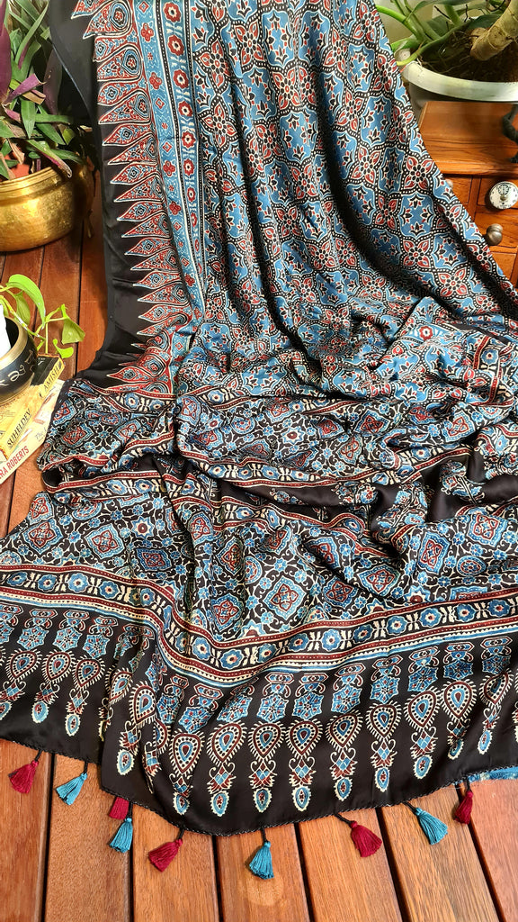 Zynah Pure Modal Silk Ajrakh Saree with Handblock Prints; Custom Stitched/Ready-made Blouse, Fall, Petticoat; Shipping available USA, Worldwide