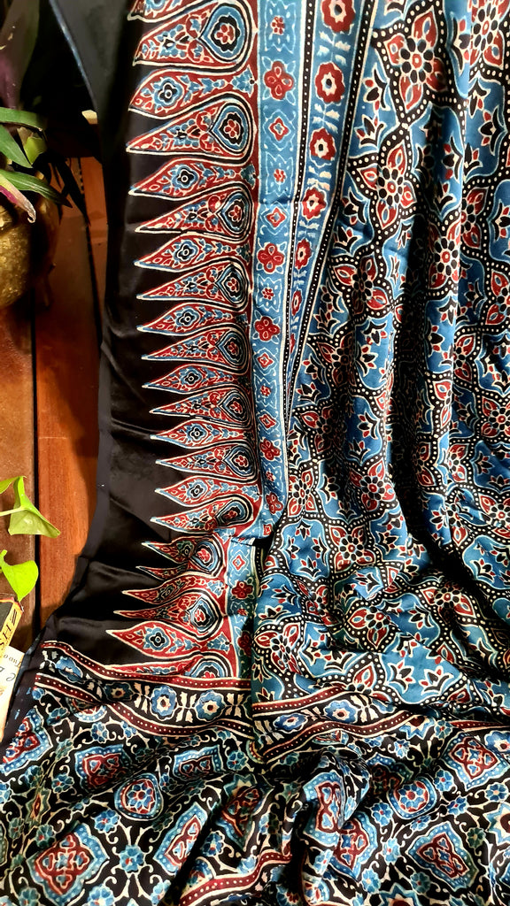 Zynah Pure Modal Silk Ajrakh Saree with Handblock Prints; Custom Stitched/Ready-made Blouse, Fall, Petticoat; Shipping available USA, Worldwide