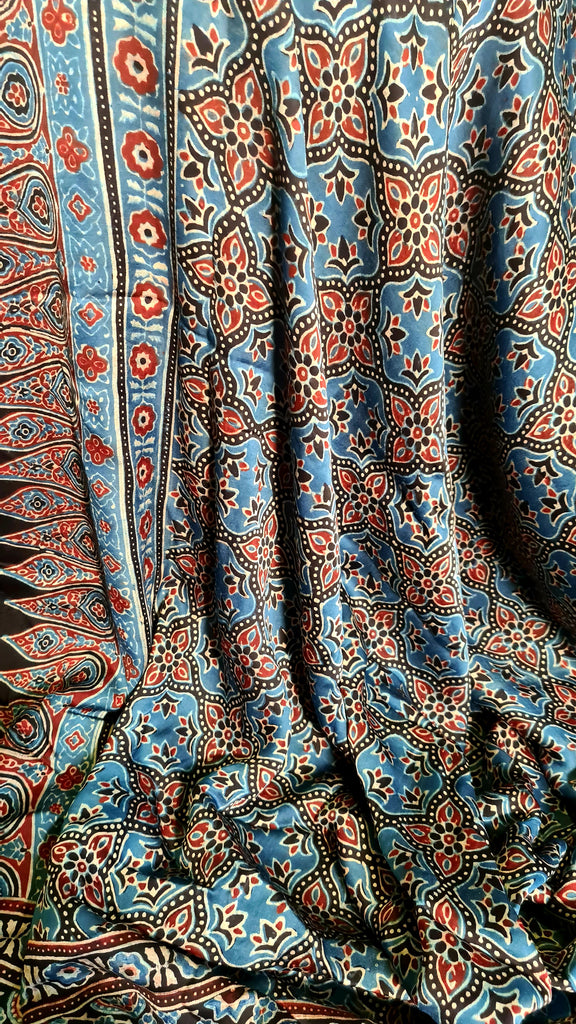 Zynah Pure Modal Silk Ajrakh Saree with Handblock Prints; Custom Stitched/Ready-made Blouse, Fall, Petticoat; Shipping available USA, Worldwide