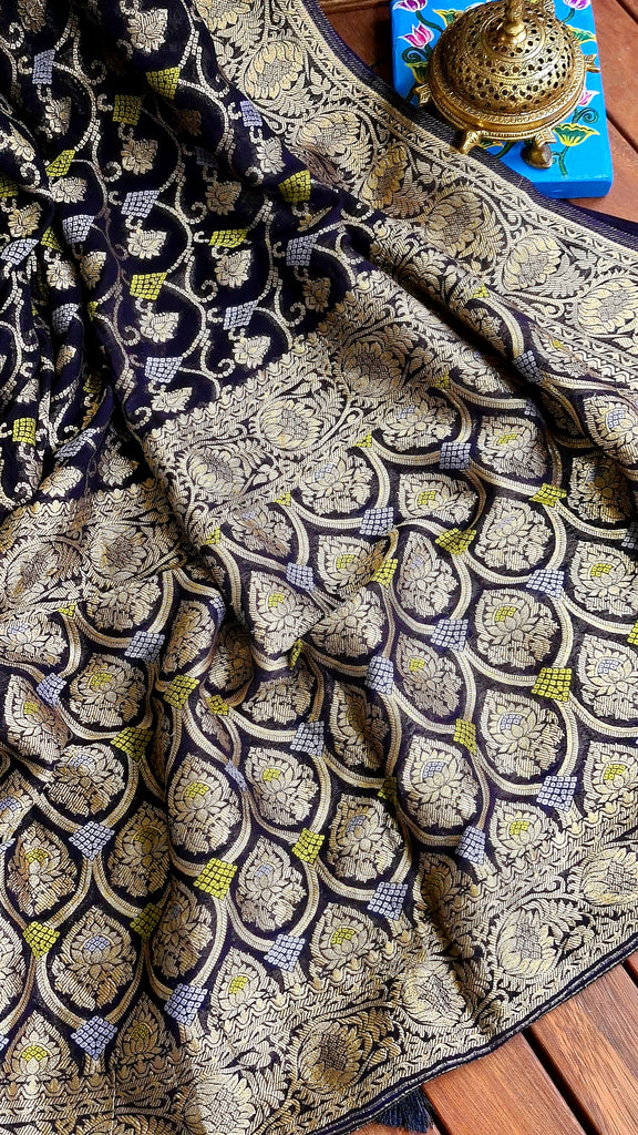 Zynah Pure Khaddi Georgette Saree with Jaal Zari Weave Inspired from Tanishq Jewellery; Custom Stitched/Ready-made Blouse, Fall, Petticoat; Shipping available USA, Worldwide