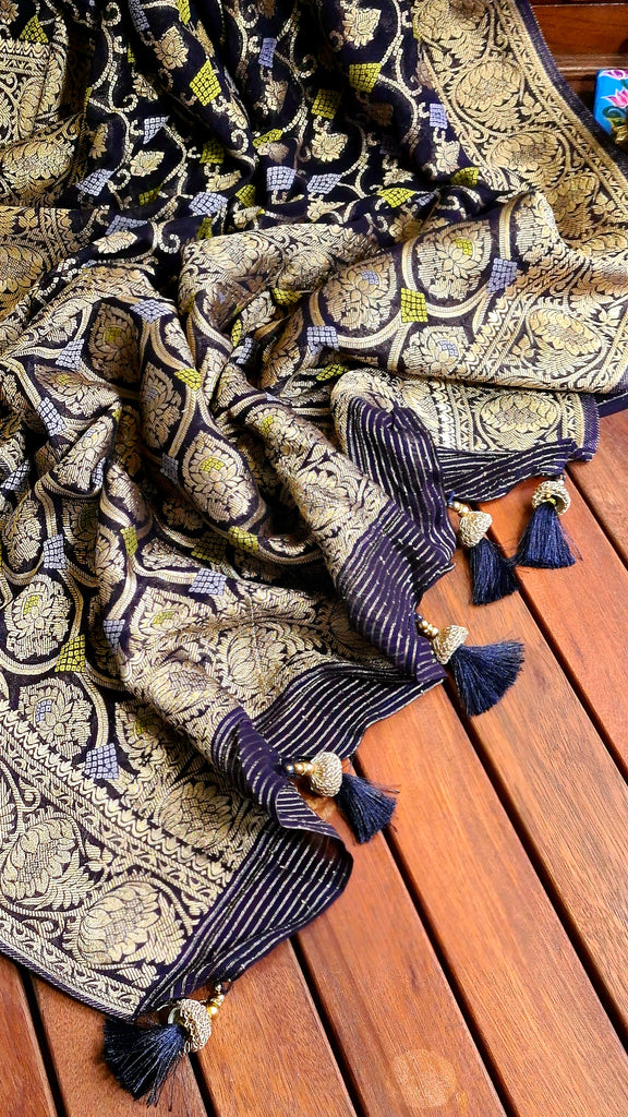 Zynah Pure Khaddi Georgette Saree with Jaal Zari Weave Inspired from Tanishq Jewellery; Custom Stitched/Ready-made Blouse, Fall, Petticoat; Shipping available USA, Worldwide