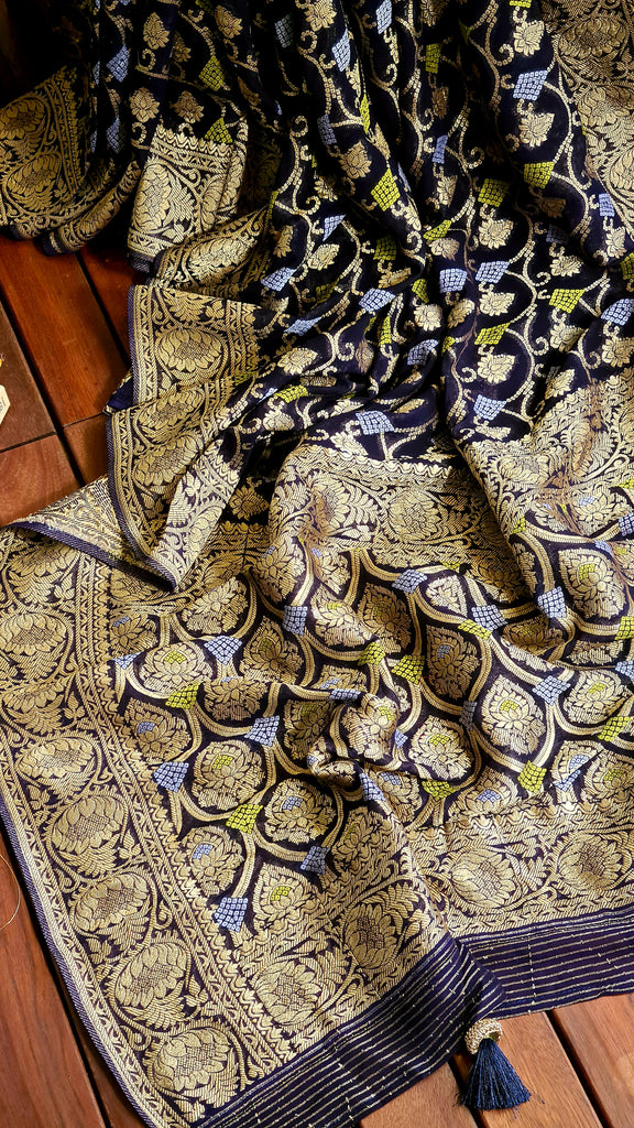 Zynah Pure Khaddi Georgette Saree with Jaal Zari Weave Inspired from Tanishq Jewellery; Custom Stitched/Ready-made Blouse, Fall, Petticoat; Shipping available USA, Worldwide